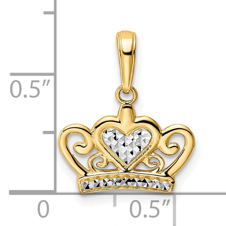 Lovely Rita's Pendants & Charms 14k Yellow Gold White Rhodium Solid Open Back Polished Diamond Cut Finish Crown Heart Design Charm Pendant