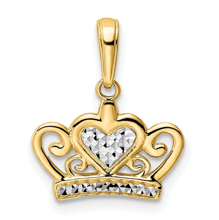 Lovely Rita's Pendants & Charms 14k Yellow Gold White Rhodium Solid Open Back Polished Diamond Cut Finish Crown Heart Design Charm Pendant
