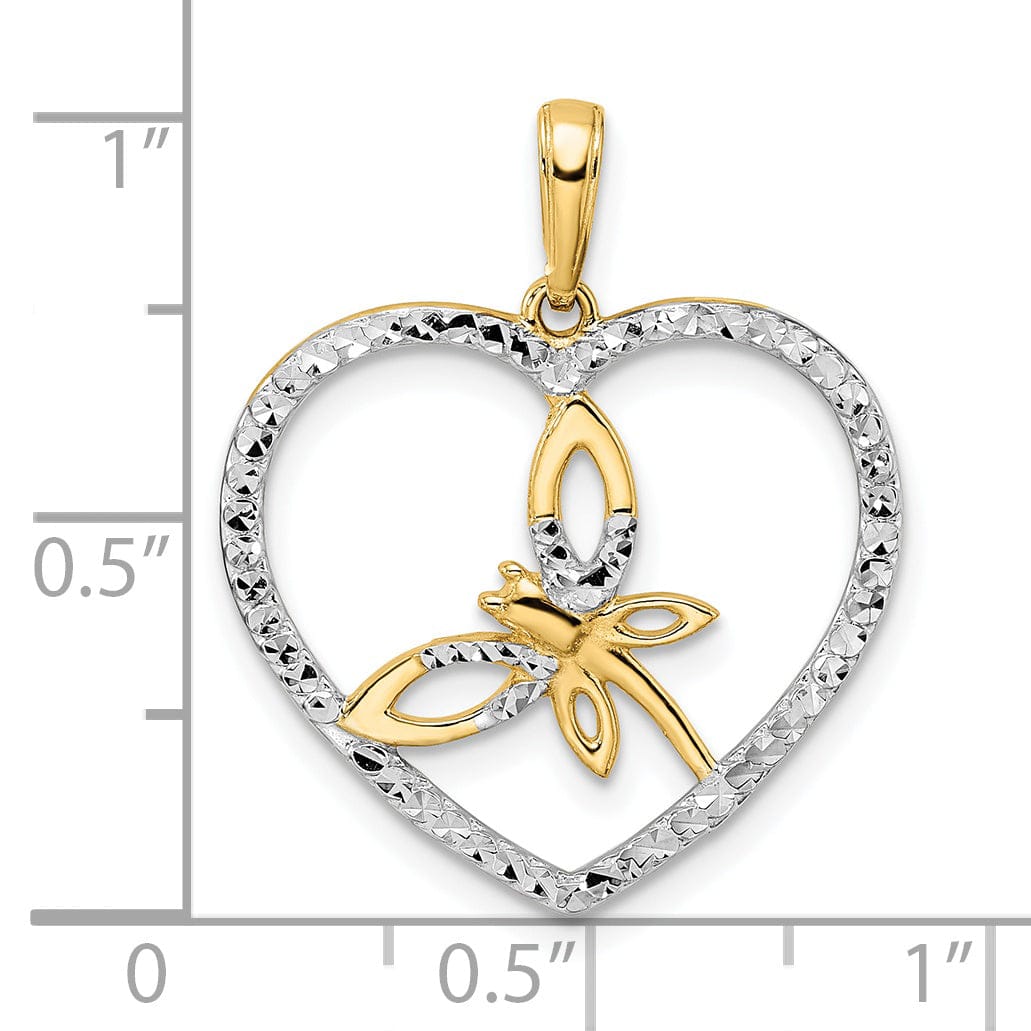 Lovely Rita's Pendants & Charms 14k Yellow Gold White Rhodium Solid Open Back Polished Diamond Cut Finish Dragonfly in Heart Design Charm Pendant