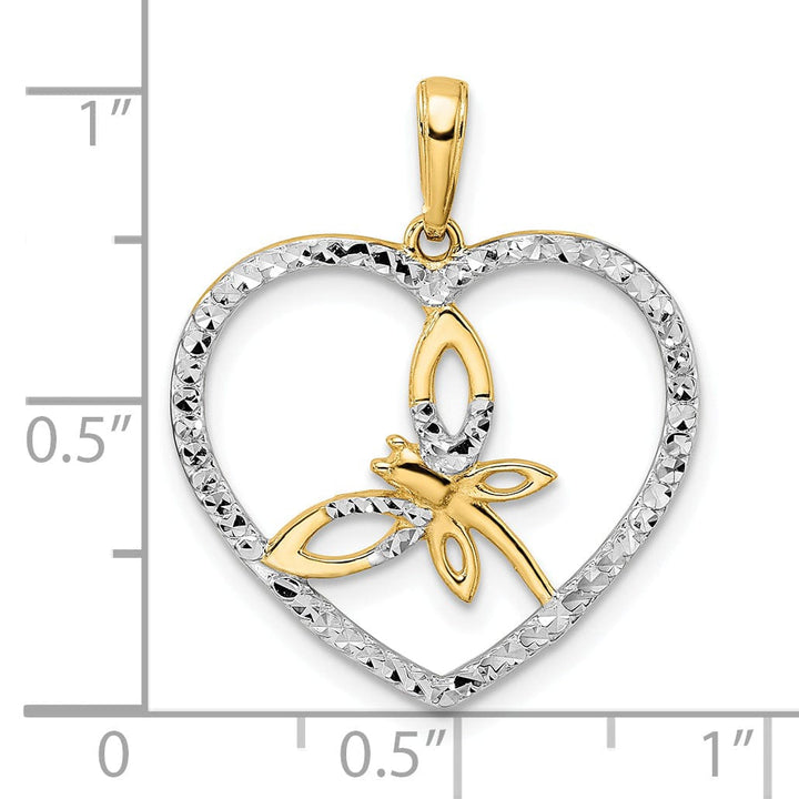Lovely Rita's Pendants & Charms 14k Yellow Gold White Rhodium Solid Open Back Polished Diamond Cut Finish Dragonfly in Heart Design Charm Pendant