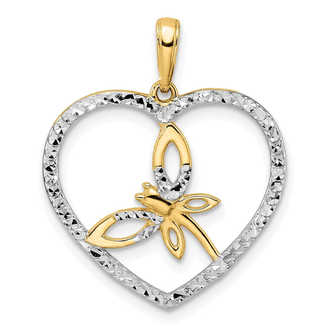 Lovely Rita's Pendants & Charms 14k Yellow Gold White Rhodium Solid Open Back Polished Diamond Cut Finish Dragonfly in Heart Design Charm Pendant