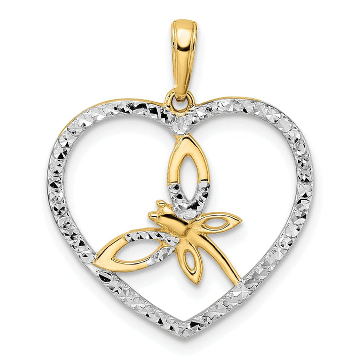 Lovely Rita's Pendants & Charms 14k Yellow Gold White Rhodium Solid Open Back Polished Diamond Cut Finish Dragonfly in Heart Design Charm Pendant