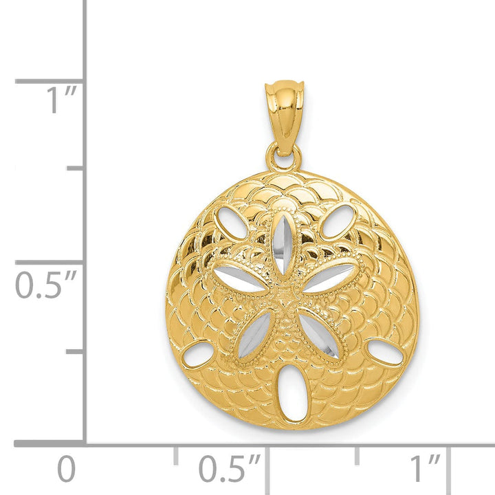 Lovely Rita's Pendants & Charms 14k Yellow Gold, White Rhodium Solid Open Back Polished Diamond Cut Finish Sea Sand Dollar Charm Pendant