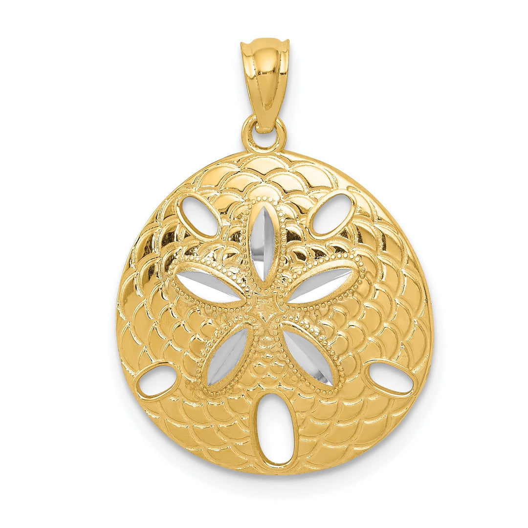 Lovely Rita's Pendants & Charms 14k Yellow Gold, White Rhodium Solid Open Back Polished Diamond Cut Finish Sea Sand Dollar Charm Pendant