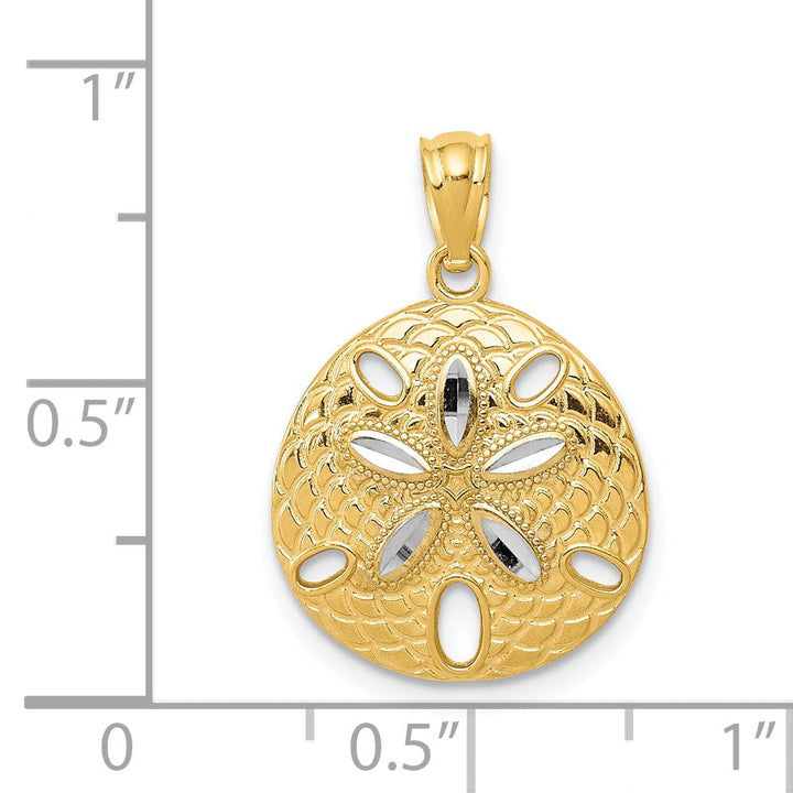Lovely Rita's Pendants & Charms 14k Yellow Gold, White Rhodium Solid Open Back Satin Diamond Cut Finish Sea Sand Dollar Charm Pendant
