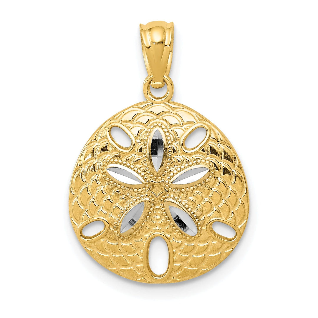 Lovely Rita's Pendants & Charms 14k Yellow Gold, White Rhodium Solid Open Back Satin Diamond Cut Finish Sea Sand Dollar Charm Pendant