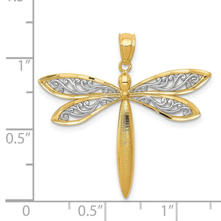 Lovely Rita's Pendants & Charms 14k Yellow Gold White Rhodium Solid Open Back Textured Polished Finish Filligree Wing Design Dragonfly Charm Pendant