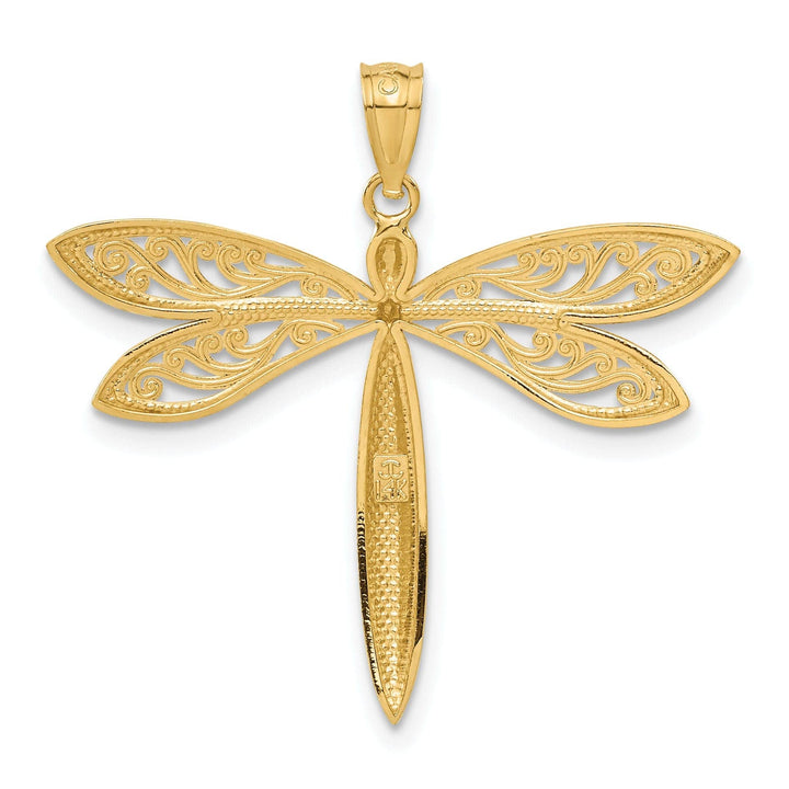 Lovely Rita's Pendants & Charms 14k Yellow Gold White Rhodium Solid Open Back Textured Polished Finish Filligree Wing Design Dragonfly Charm Pendant