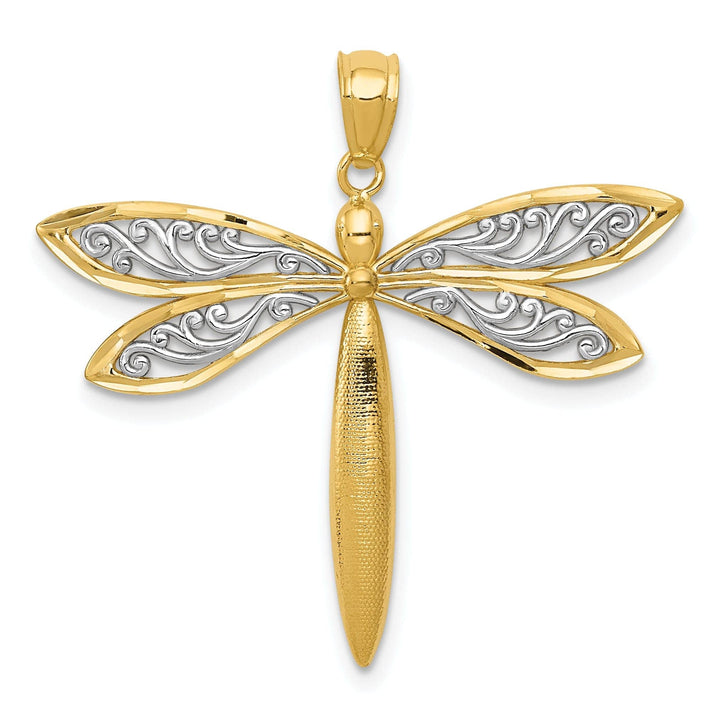 Lovely Rita's Pendants & Charms 14k Yellow Gold White Rhodium Solid Open Back Textured Polished Finish Filligree Wing Design Dragonfly Charm Pendant