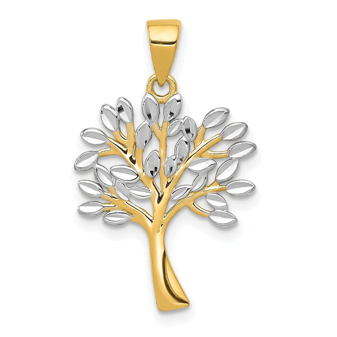Lovely Rita's Pendants & Charms 14K Yellow Gold White Rhodium Solid Polished Diamond Cut Finish Tree Design Charm Pendant