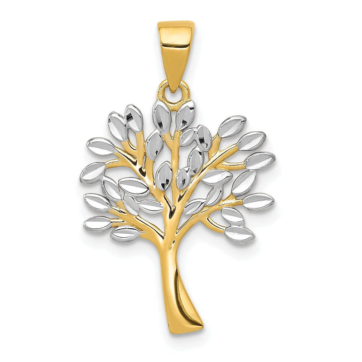 Lovely Rita's Pendants & Charms 14K Yellow Gold White Rhodium Solid Polished Diamond Cut Finish Tree Design Charm Pendant