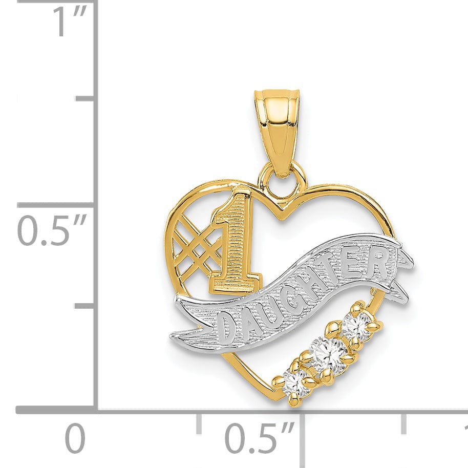 Lovely Rita's Pendants & Charms 14k Yellow Gold, White Rhodium Solid Polished Finish #1 DAUGHTER Heart Shape with 3-Cubic Zirconia Stones Design Charm Pendant