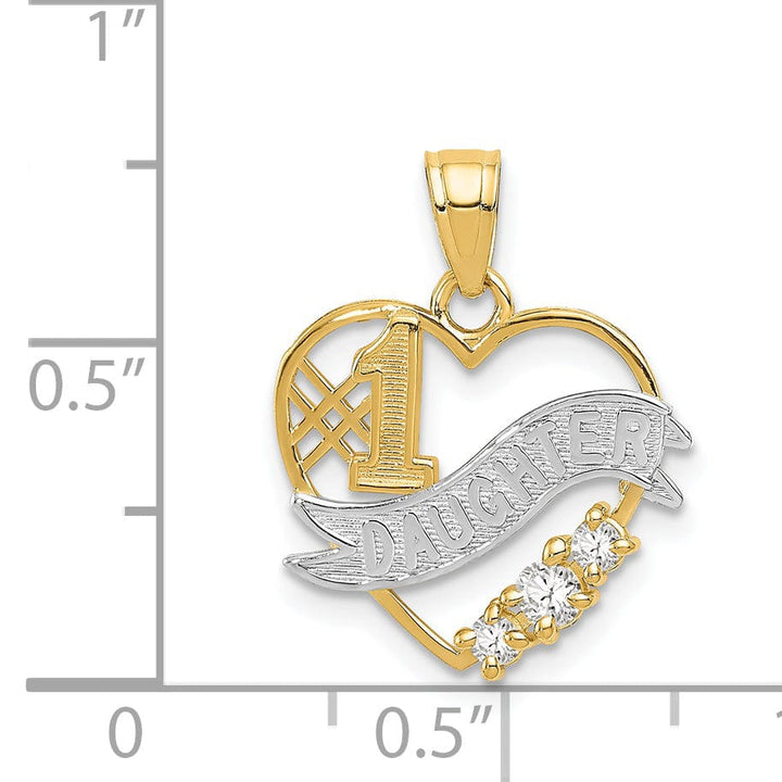 Lovely Rita's Pendants & Charms 14k Yellow Gold, White Rhodium Solid Polished Finish #1 DAUGHTER Heart Shape with 3-Cubic Zirconia Stones Design Charm Pendant