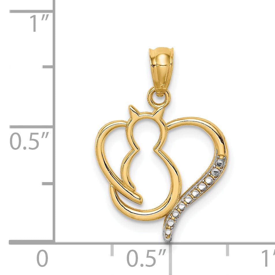 Lovely Rita's Pendants & Charms 14K Yellow Gold White Rhodium Solid Polished Finish Sitting Cat in a Heart Design Charm Pendant
