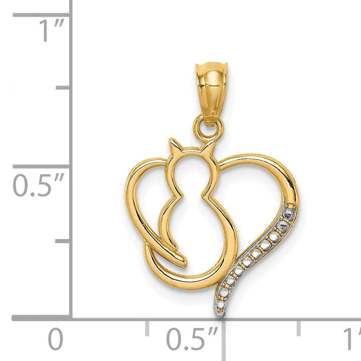 Lovely Rita's Pendants & Charms 14K Yellow Gold White Rhodium Solid Polished Finish Sitting Cat in a Heart Design Charm Pendant