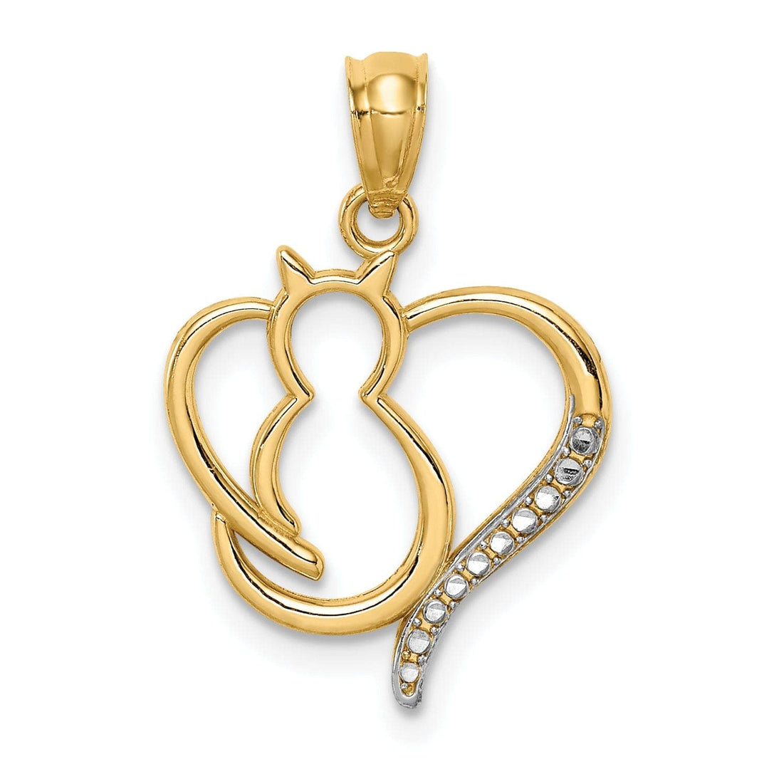 Lovely Rita's Pendants & Charms 14K Yellow Gold White Rhodium Solid Polished Finish Sitting Cat in a Heart Design Charm Pendant