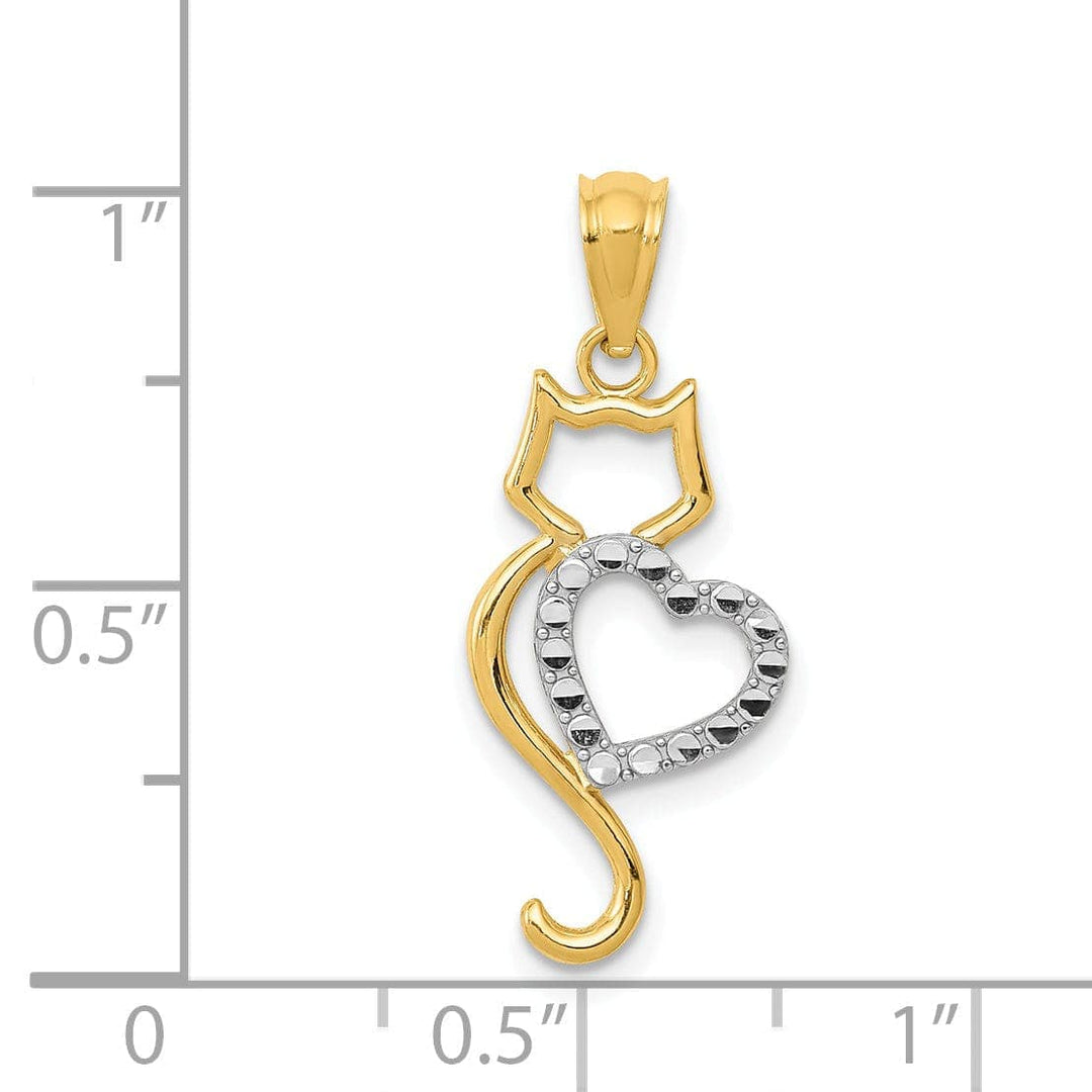 Lovely Rita's Pendants & Charms 14k Yellow Gold White Rhodium Solid Polished Textured Finish Cat Sitting With Heart Design Charm Pendant