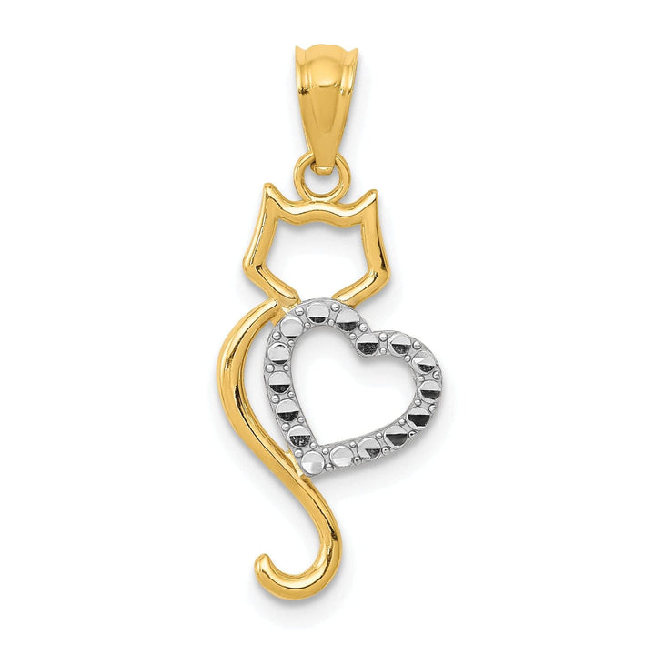 Lovely Rita's Pendants & Charms 14k Yellow Gold White Rhodium Solid Polished Textured Finish Cat Sitting With Heart Design Charm Pendant