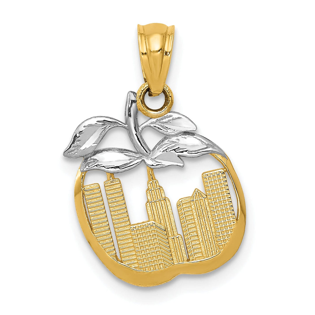 Lovely Rita's Pendants & Charms 14k Yellow Gold, White Rhodium Solid Polished Textured Finish Cut Out Design New York Skyline in Apple Charm Pendant