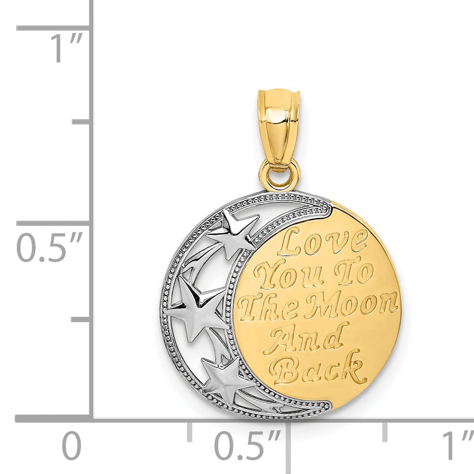 Lovely Rita's Pendants & Charms 14K Yellow Gold White Rhodium Solid Polished Textured Finish LOVE YOU TO THE MOON AND BACK Discription Moon Design Charm Pendant