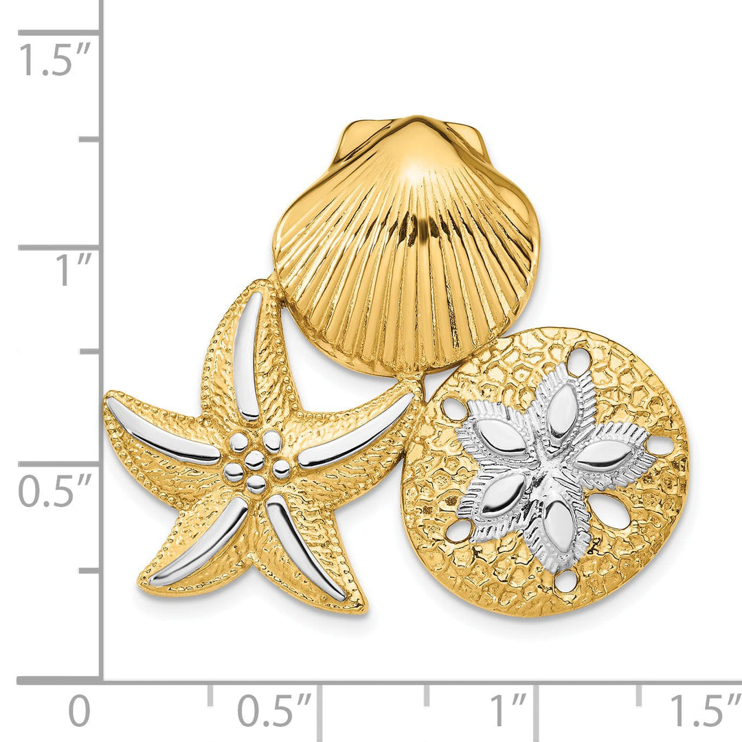 Lovely Rita's Pendants & Charms 14k Yellow Gold White Rhodium Solid Polished Textured Finish Scallop, Starfish and Sand Dollar Design Slide Pendant Fits up to 8mm Fancy Omega Chain