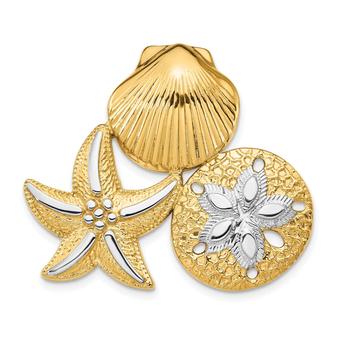 Lovely Rita's Pendants & Charms 14k Yellow Gold White Rhodium Solid Polished Textured Finish Scallop, Starfish and Sand Dollar Design Slide Pendant Fits up to 8mm Fancy Omega Chain