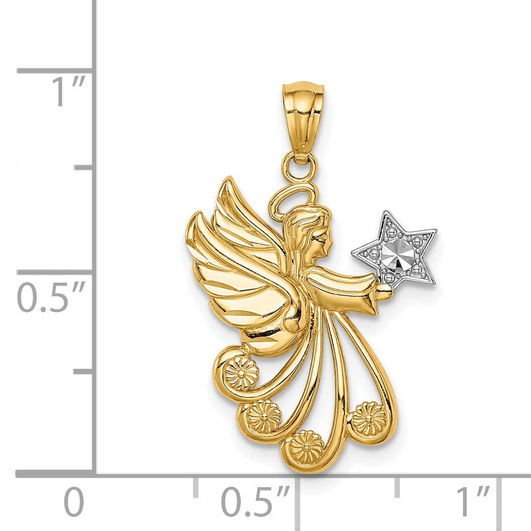 Lovely Rita's Pendants & Charms 14K Yellow Gold White Rhodium Solid Textured Diamond Cut Polished Finish Angel Holding Star Charm Pendant