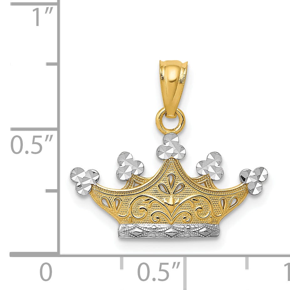 Lovely Rita's Pendants & Charms 14k Yellow Gold White Rhodium Solid Textured Diamond Cut Polished Finish Crown Design Charm Pendant