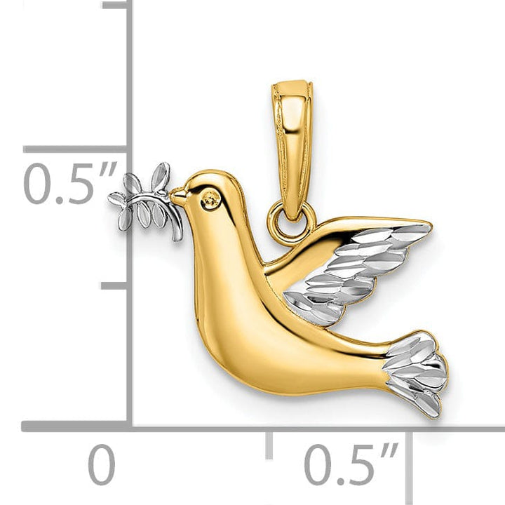 Lovely Rita's Pendants & Charms 14k Yellow Gold White Rhodium Solid Textured Polished Diamond Cut Finish Dove with Sign Of Peace Branch Charm Pendant