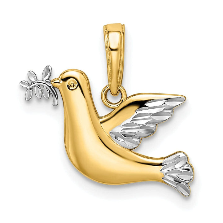 Lovely Rita's Pendants & Charms 14k Yellow Gold White Rhodium Solid Textured Polished Diamond Cut Finish Dove with Sign Of Peace Branch Charm Pendant