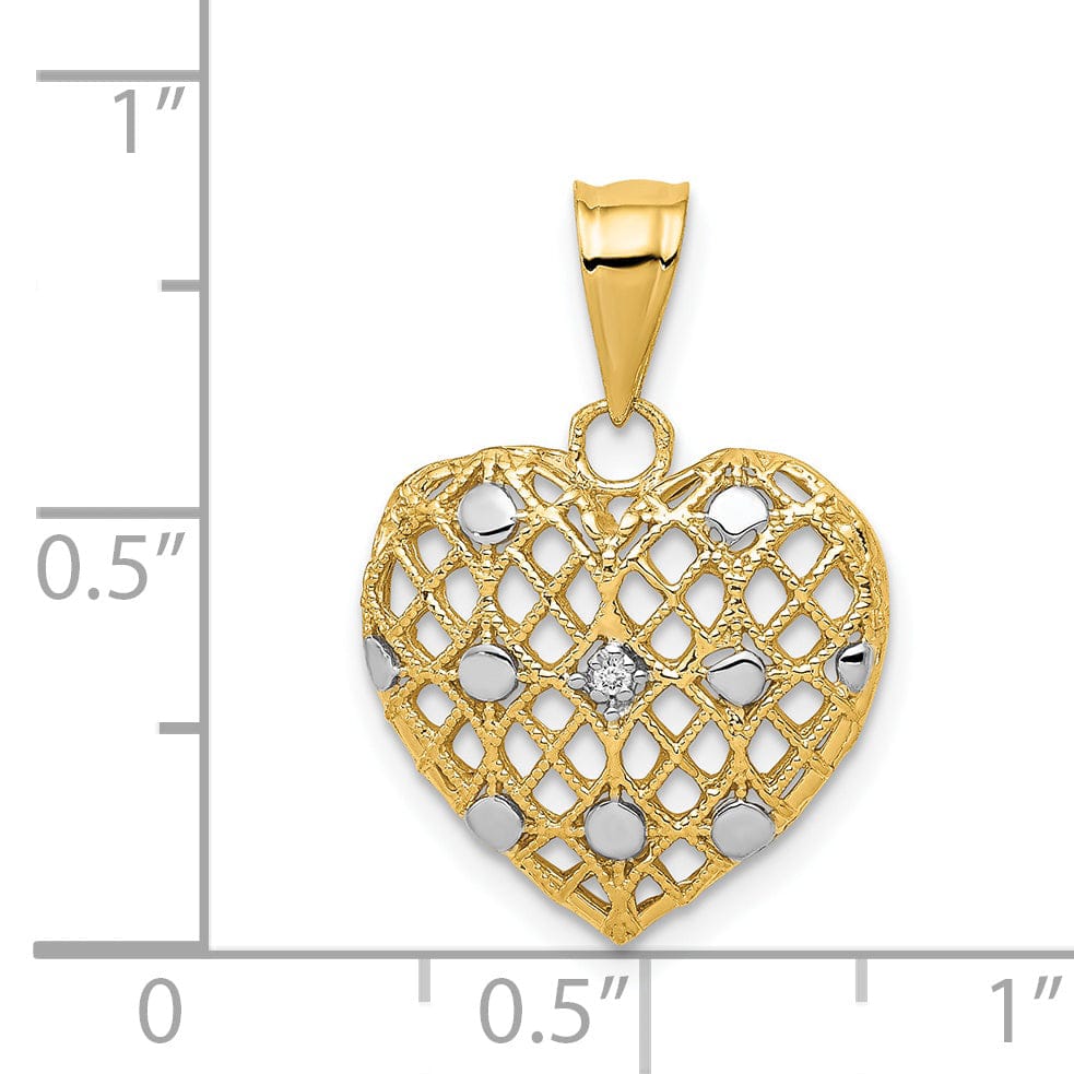 Lovely Rita's Pendants & Charms 14k Yellow Gold, White Rhodium Solid Textured Polished Finish 0.005-CT Diamond Mesh Heart Design Charm Pendant