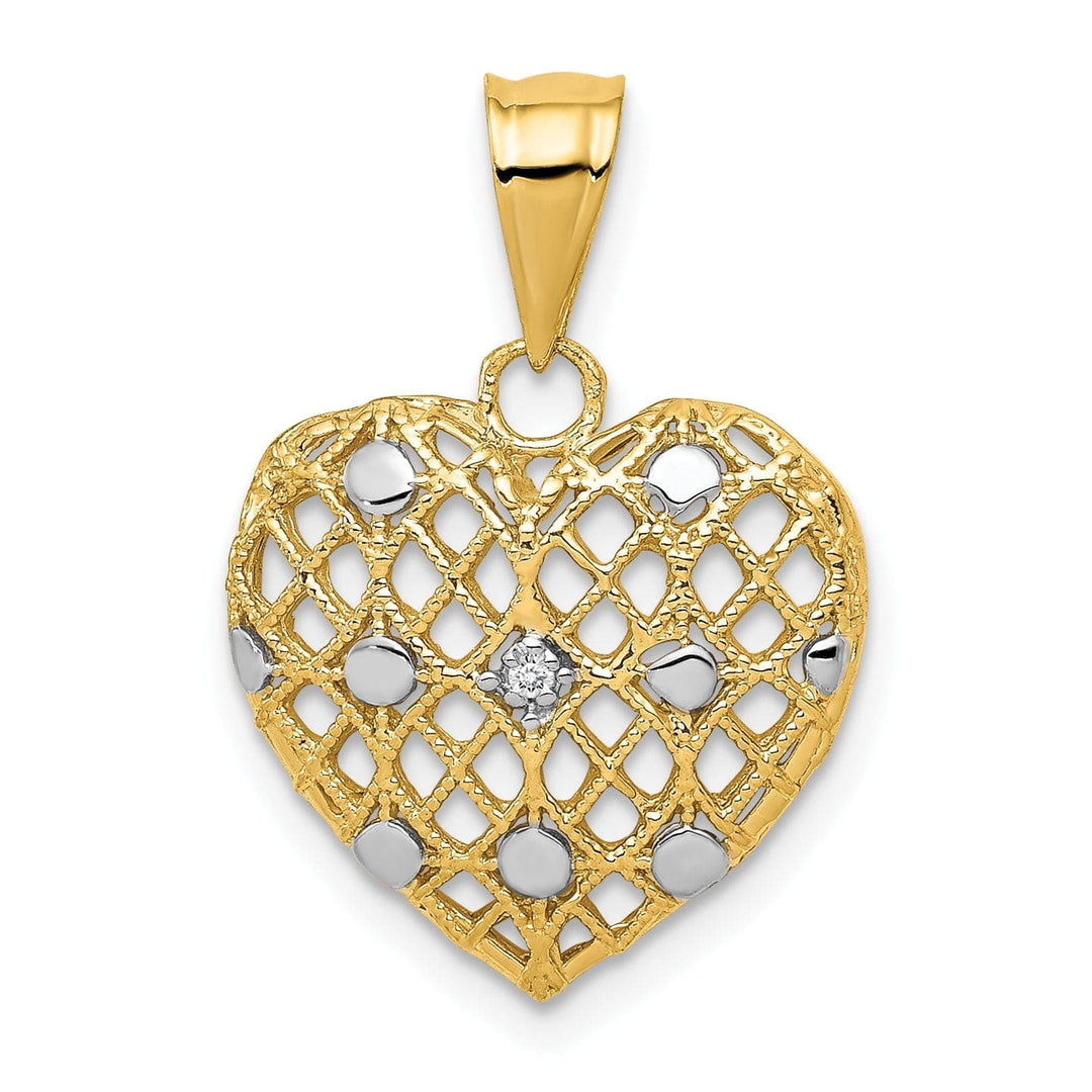Lovely Rita's Pendants & Charms 14k Yellow Gold, White Rhodium Solid Textured Polished Finish 0.005-CT Diamond Mesh Heart Design Charm Pendant