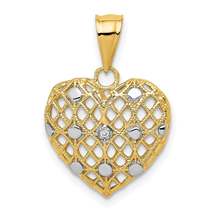Lovely Rita's Pendants & Charms 14k Yellow Gold, White Rhodium Solid Textured Polished Finish 0.005-CT Diamond Mesh Heart Design Charm Pendant