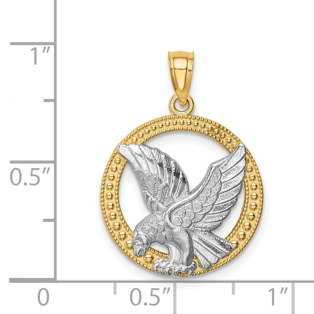 Lovely Rita's Pendants & Charms 14K Yellow Gold White Rhodium Solid Textured Polished Finish Eagle in Circle Shape Design Mens Charm Pendant