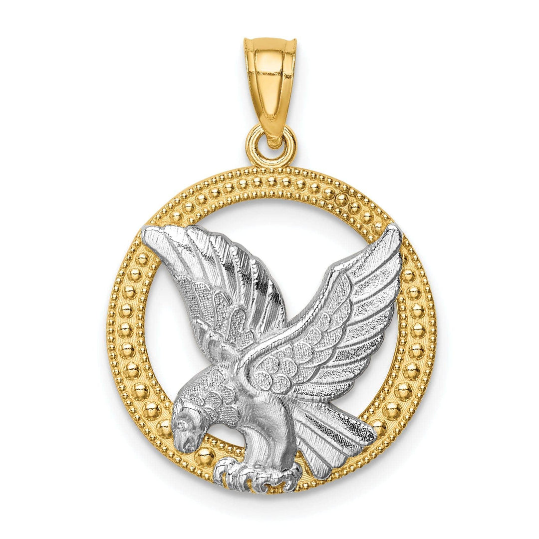 Lovely Rita's Pendants & Charms 14K Yellow Gold White Rhodium Solid Textured Polished Finish Eagle in Circle Shape Design Mens Charm Pendant