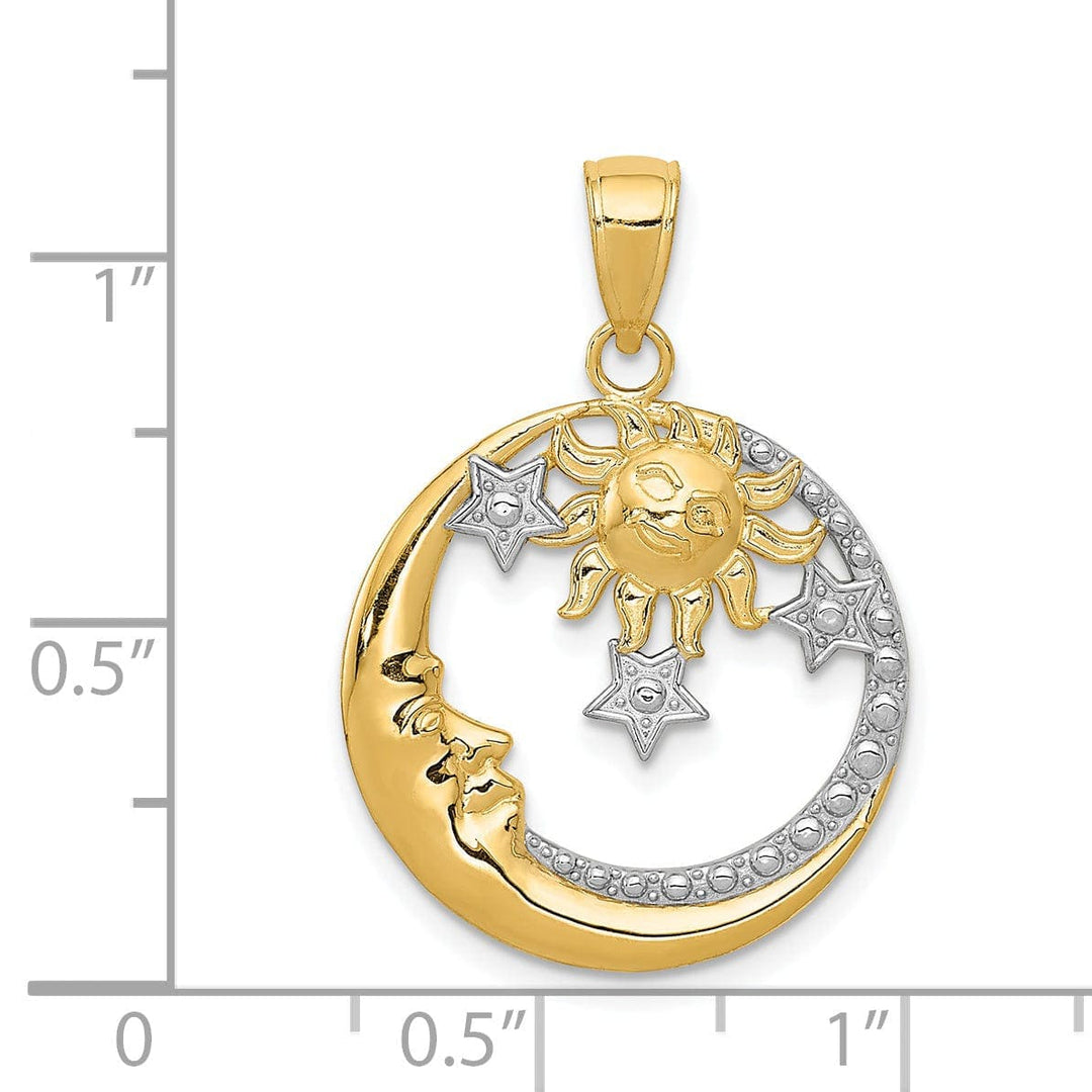 Lovely Rita's Pendants & Charms 14k Yellow Gold White Rhodium Solid Textured Polished Finish Moon, Stars, and Sun Circle Design Charm Pendant