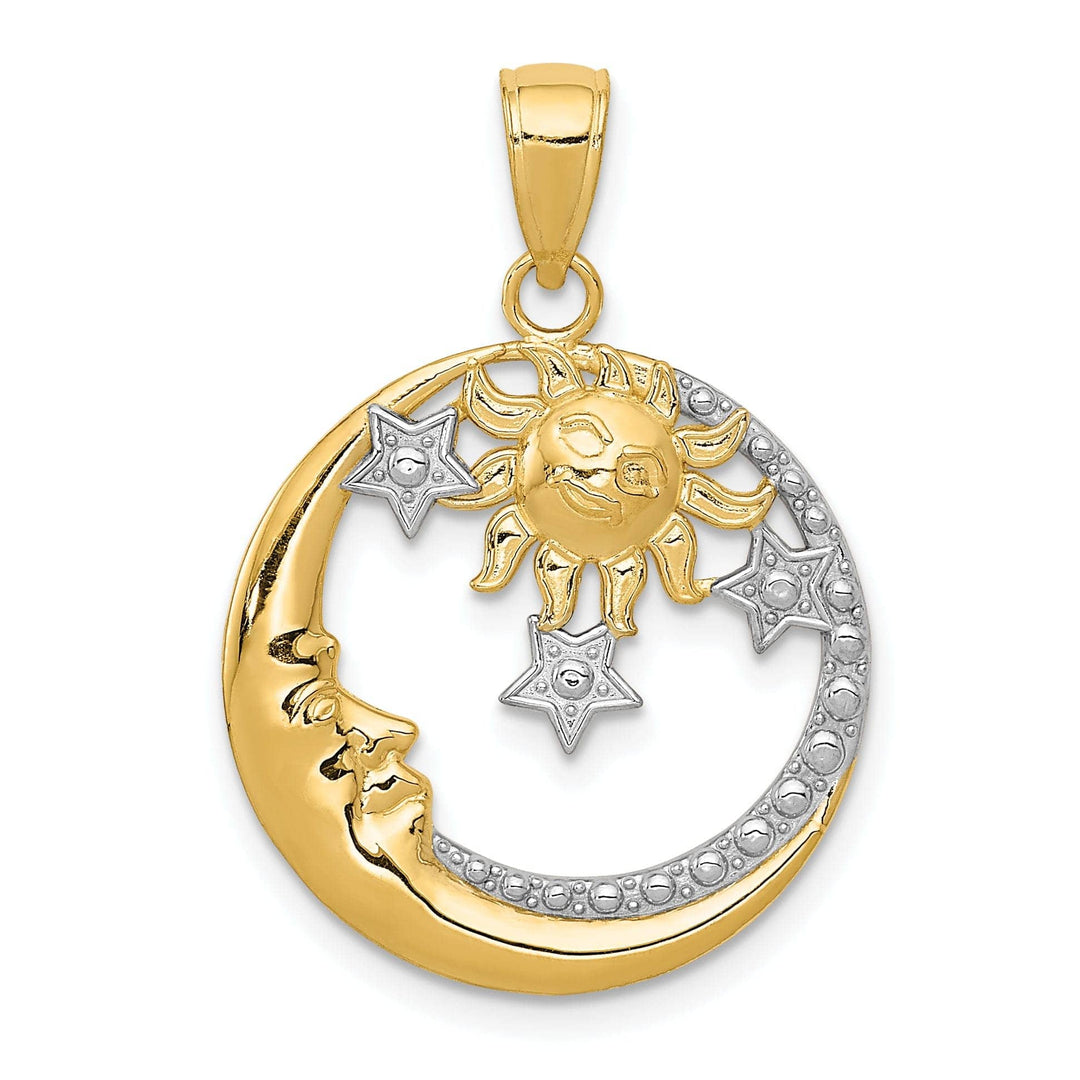 Lovely Rita's Pendants & Charms 14k Yellow Gold White Rhodium Solid Textured Polished Finish Moon, Stars, and Sun Circle Design Charm Pendant