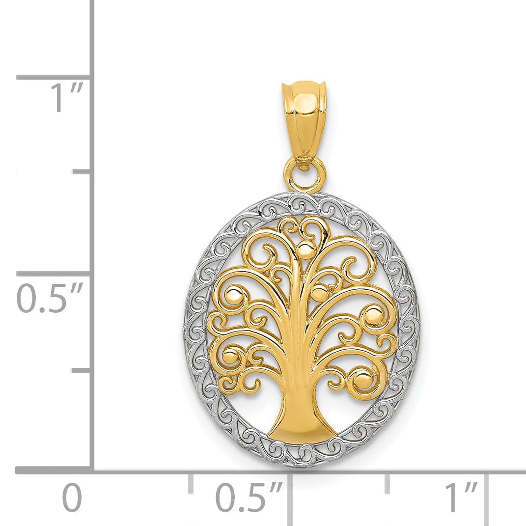 Lovely Rita's Pendants & Charms 14k Yellow Gold White Rhodium Solid Textured Polished Finish Oval Shape Tree of Life Charm Pendant
