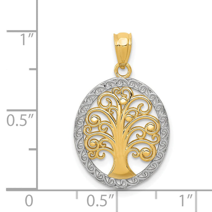 Lovely Rita's Pendants & Charms 14k Yellow Gold White Rhodium Solid Textured Polished Finish Oval Shape Tree of Life Charm Pendant