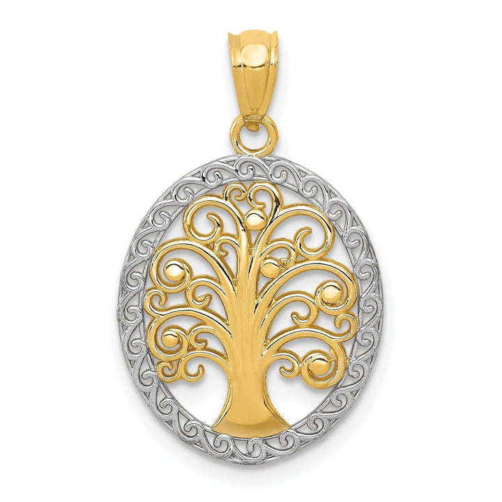 Lovely Rita's Pendants & Charms 14k Yellow Gold White Rhodium Solid Textured Polished Finish Oval Shape Tree of Life Charm Pendant