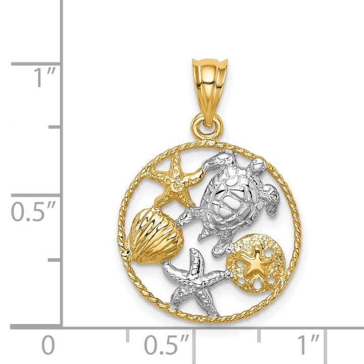 Lovely Rita's Pendants & Charms 14K Yellow Gold, White Rhodium Solid Textured Polished Finish Sealife with Turtle, Starfish, Clam Design Circle Shape Charm Pendant