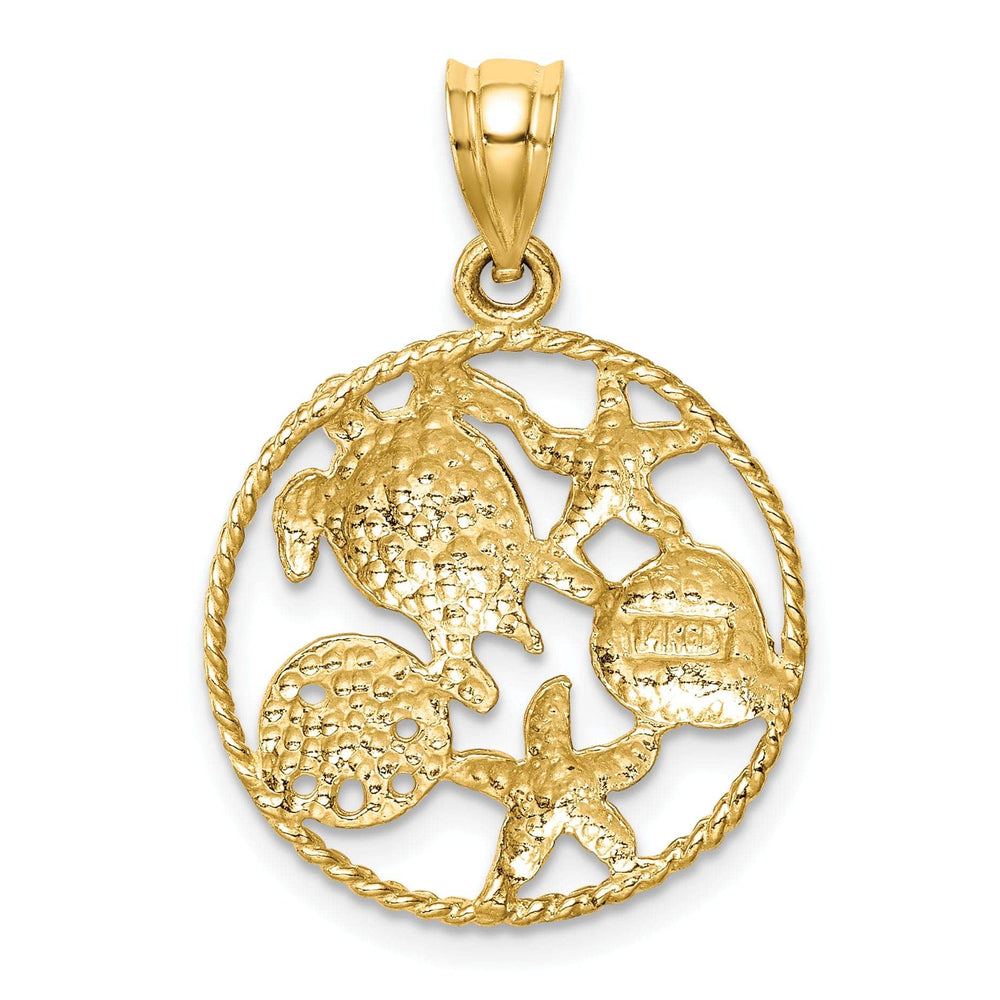 Lovely Rita's Pendants & Charms 14K Yellow Gold, White Rhodium Solid Textured Polished Finish Sealife with Turtle, Starfish, Clam Design Circle Shape Charm Pendant