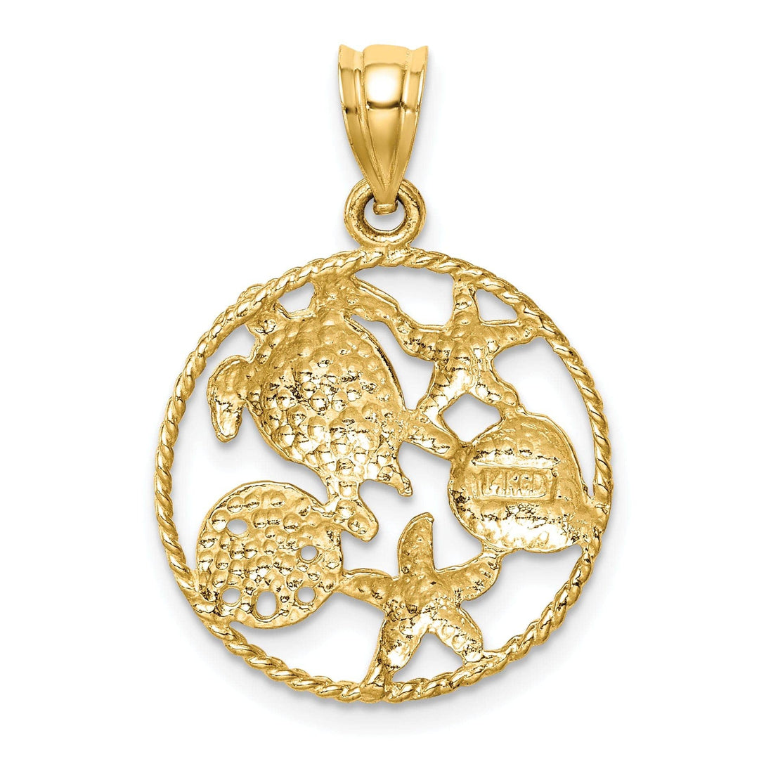 Lovely Rita's Pendants & Charms 14K Yellow Gold, White Rhodium Solid Textured Polished Finish Sealife with Turtle, Starfish, Clam Design Circle Shape Charm Pendant