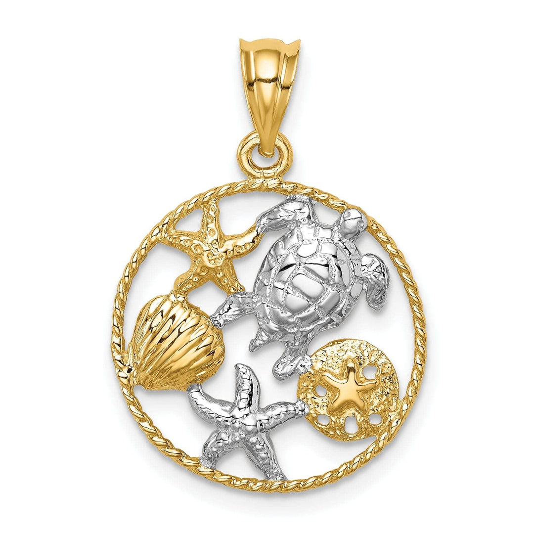 Lovely Rita's Pendants & Charms 14K Yellow Gold, White Rhodium Solid Textured Polished Finish Sealife with Turtle, Starfish, Clam Design Circle Shape Charm Pendant