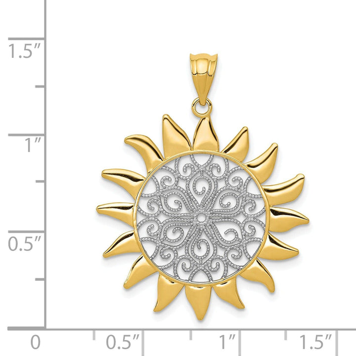 Lovely Rita's Pendants & Charms 14k Yellow Gold White Rhodium Solid Textured Polished Finish Sun Design Filigree Charm Pendant