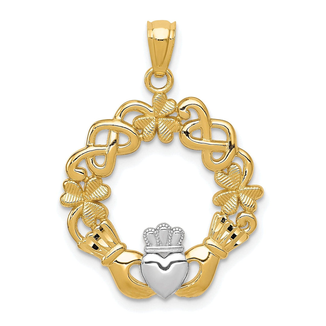 Lovely Rita's Pendants & Charms 14k Yellow Gold White Rhodium Solid Textured Polished Finished Mens Claddagh Design Charm Pendant