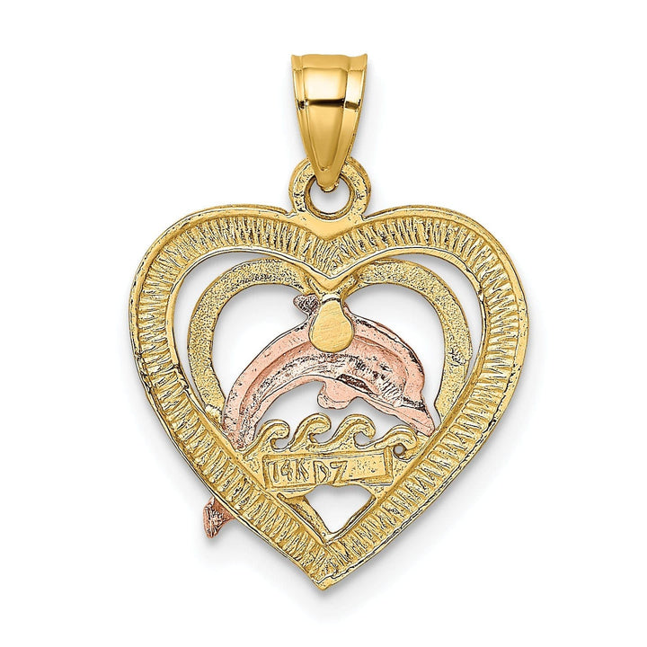 Lovely Rita's Pendants & Charms 14K Yellow Gold White Rhodium Texture Polished Finish Dolphin Swimming in Heart Charm Pendant