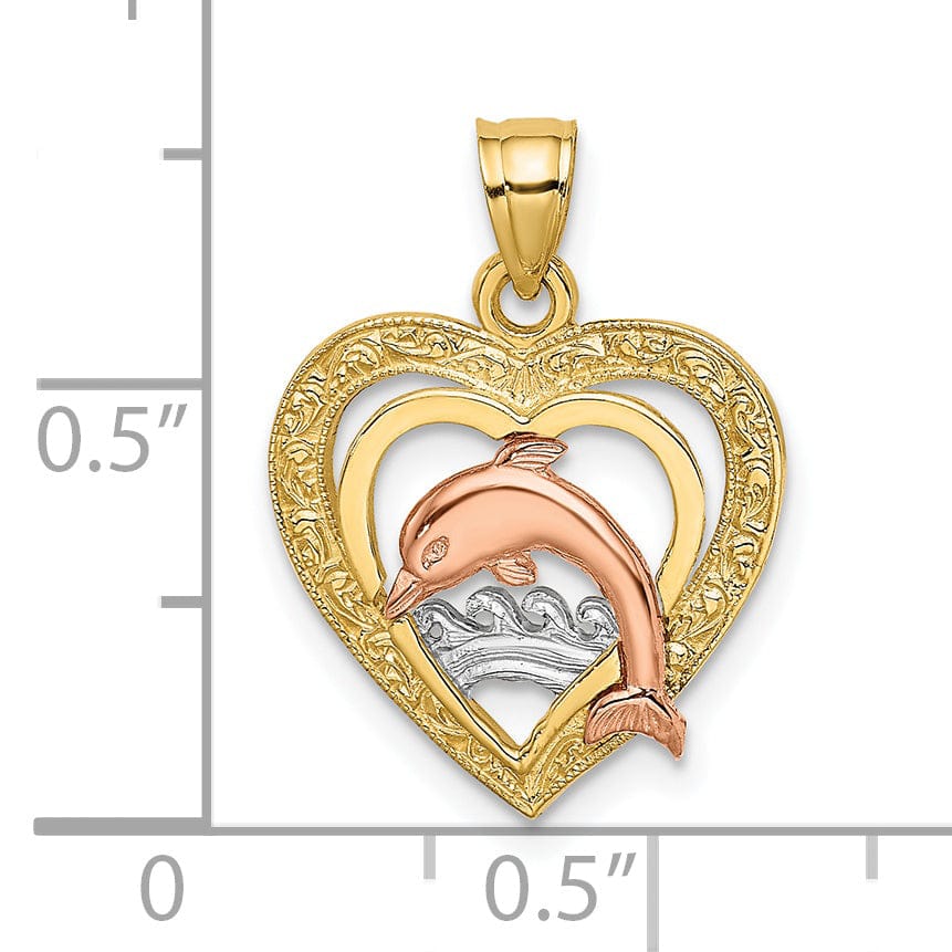 Lovely Rita's Pendants & Charms 14K Yellow Gold White Rhodium Texture Polished Finish Dolphin Swimming in Heart Charm Pendant