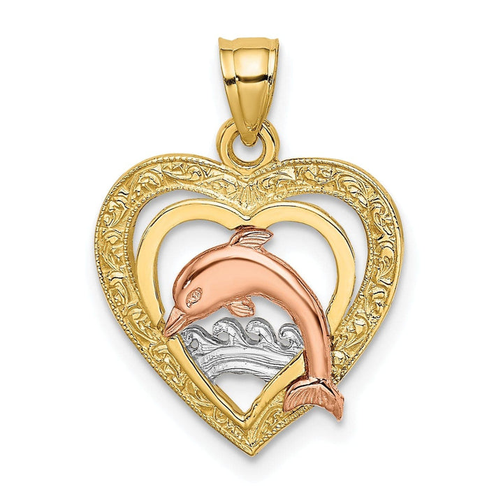 Lovely Rita's Pendants & Charms 14K Yellow Gold White Rhodium Texture Polished Finish Dolphin Swimming in Heart Charm Pendant