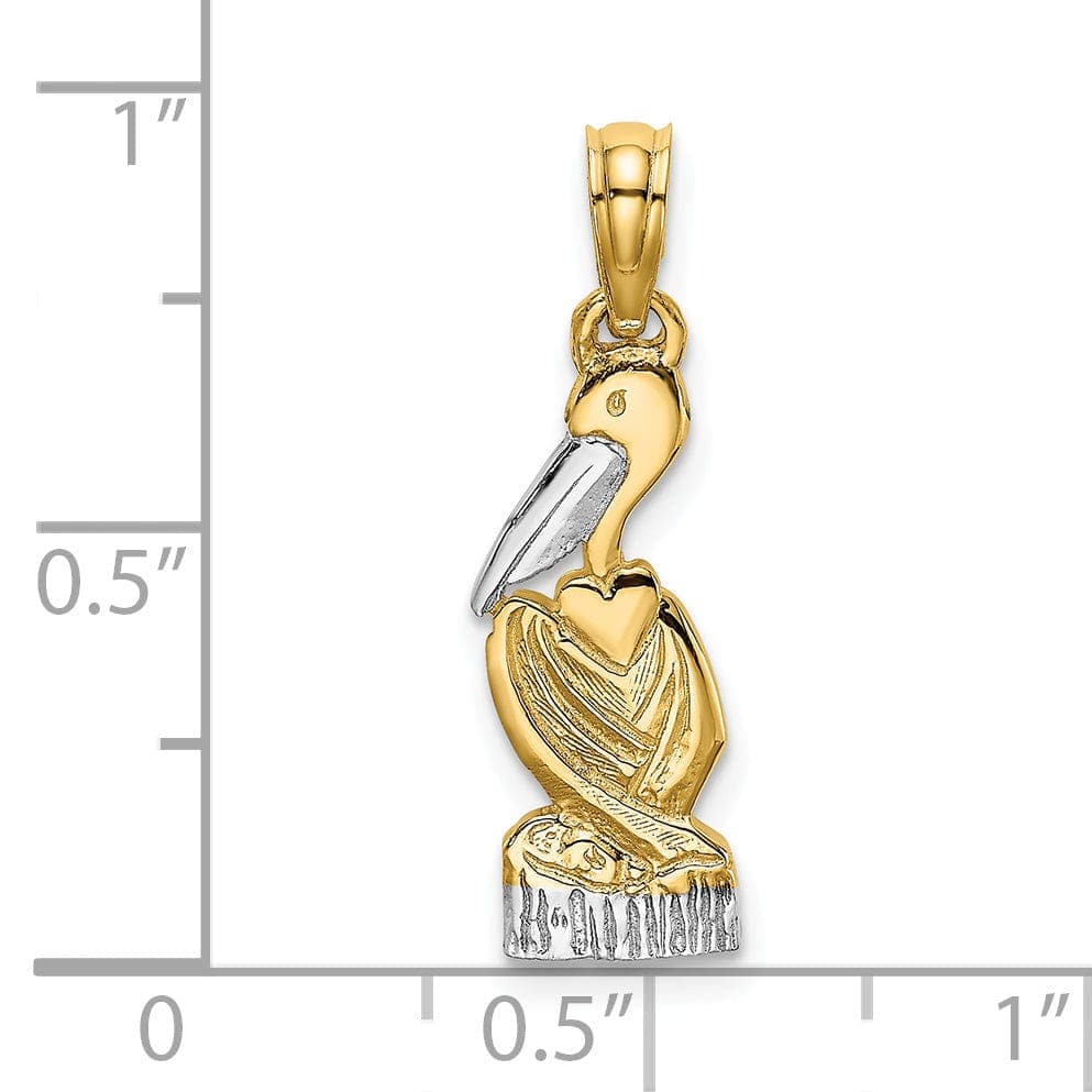 Lovely Rita's Pendants & Charms 14K Yellow Gold, White Rhodium Texture Polished Finish Pelican Standing on Top Dock Piling Charm Pendant